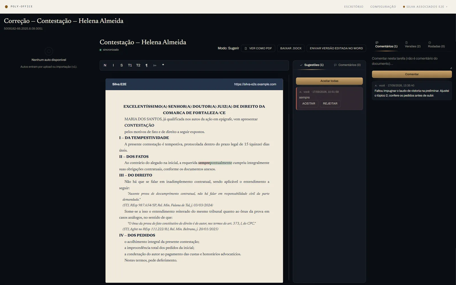 Tela de correção com os autos em PDF, a petição editável e o painel de comentários