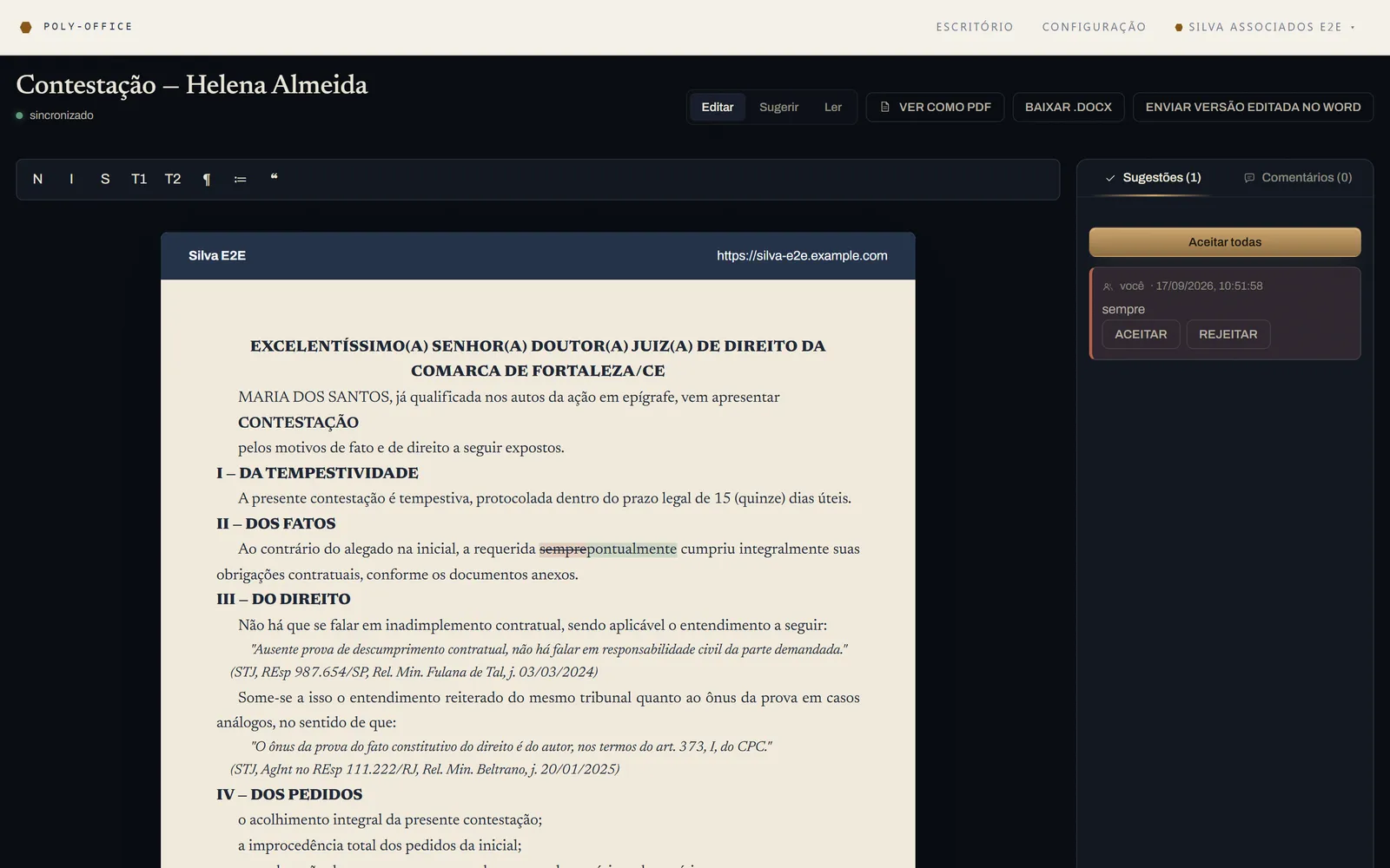 Editor Poly Docs com uma petição aberta, sugestões de alteração e comentários na margem